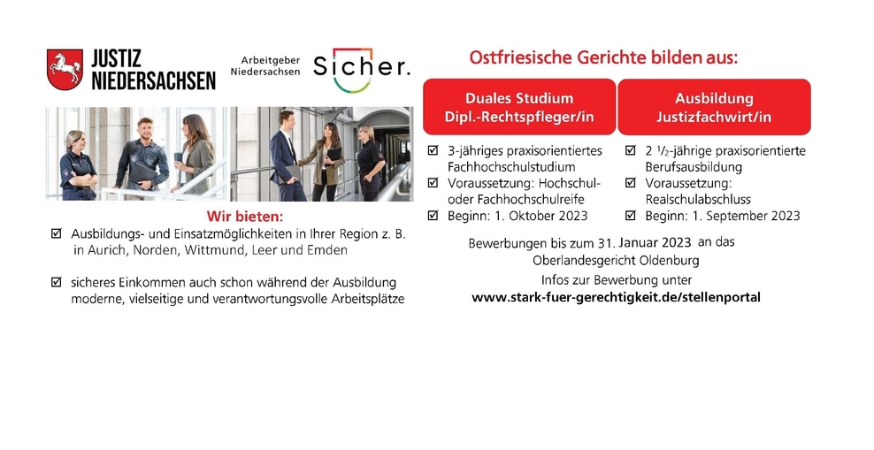 Schmuckgrafik zu Ausbildungsmöglichkeiten beiden ostfriesischen Gerichten mit Link zur Seite Stark für Gerechtigkeit