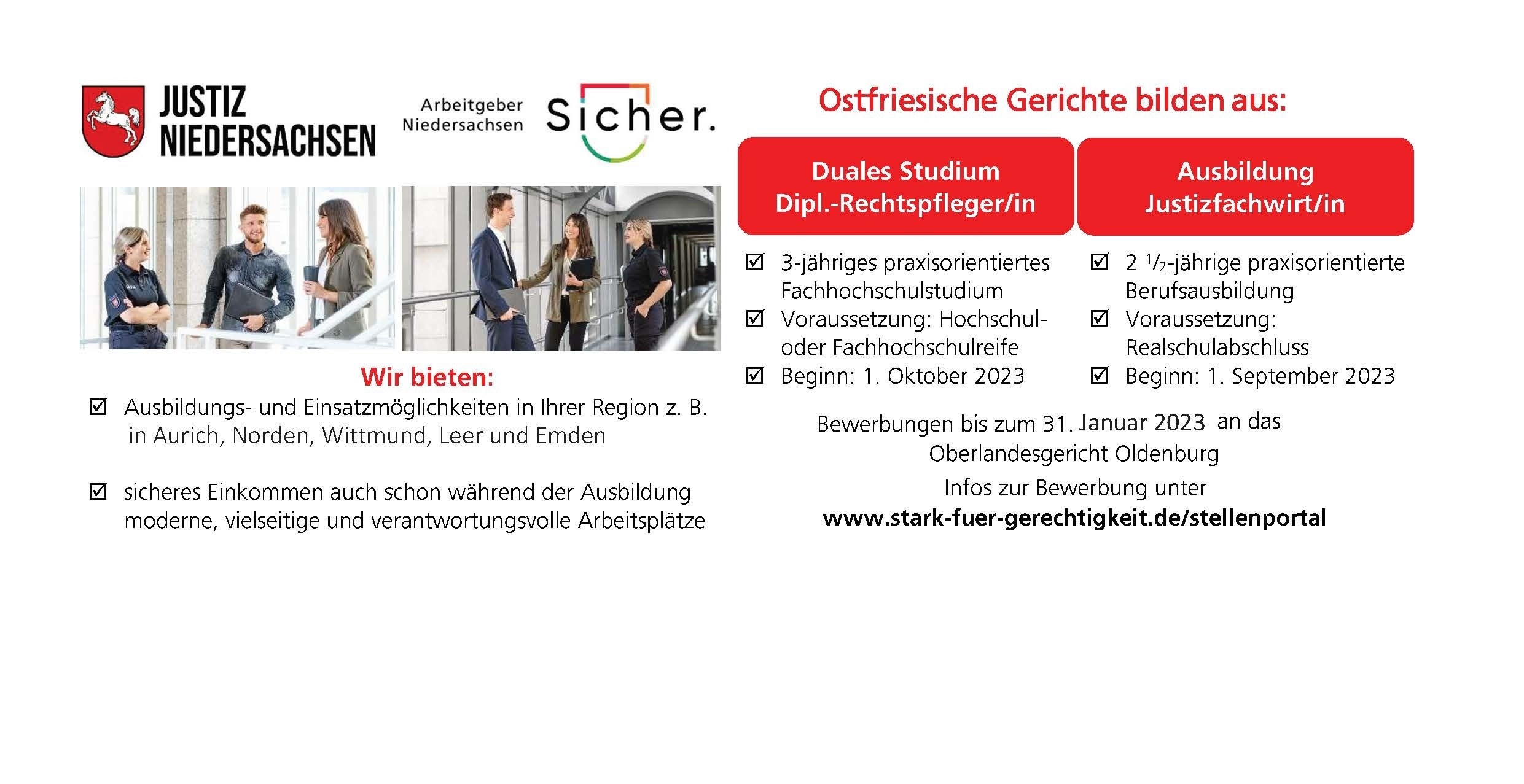 Schmuckgrafik zu Ausbildungsmöglichkeiten beiden ostfriesischen Gerichten mit Link zur Seite Stark für Gerechtigkeit